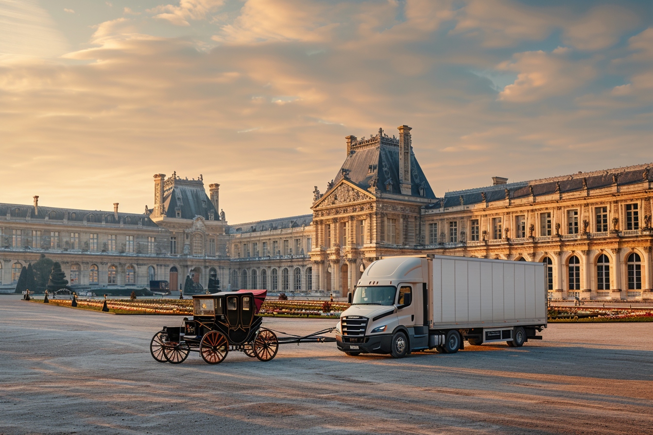Camion de déménagement stationné devant le Château de Versailles, choix de transport idéal pour faciliter votre déménagement à Versailles