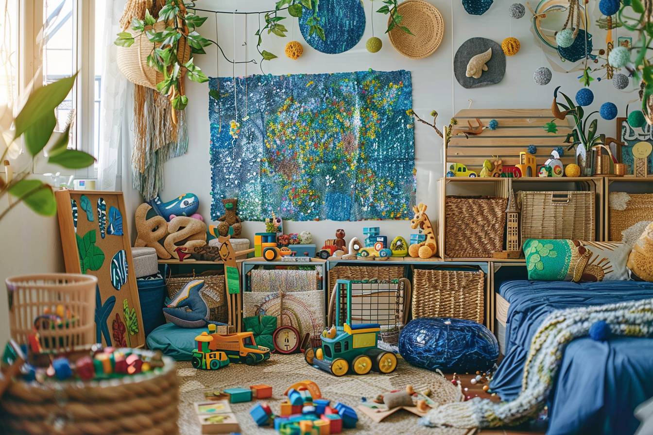 Chambre d'enfant colorée et écologique, décorée avec matériaux recyclés, illustrant l'éco-innovation et l'inspiration pour jeunes esprits