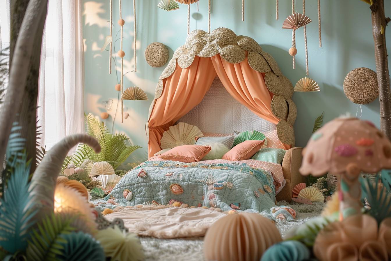 Chambre d'enfant féérique décorée avec matériaux recyclés montrant un coin lecture écolo et stylé